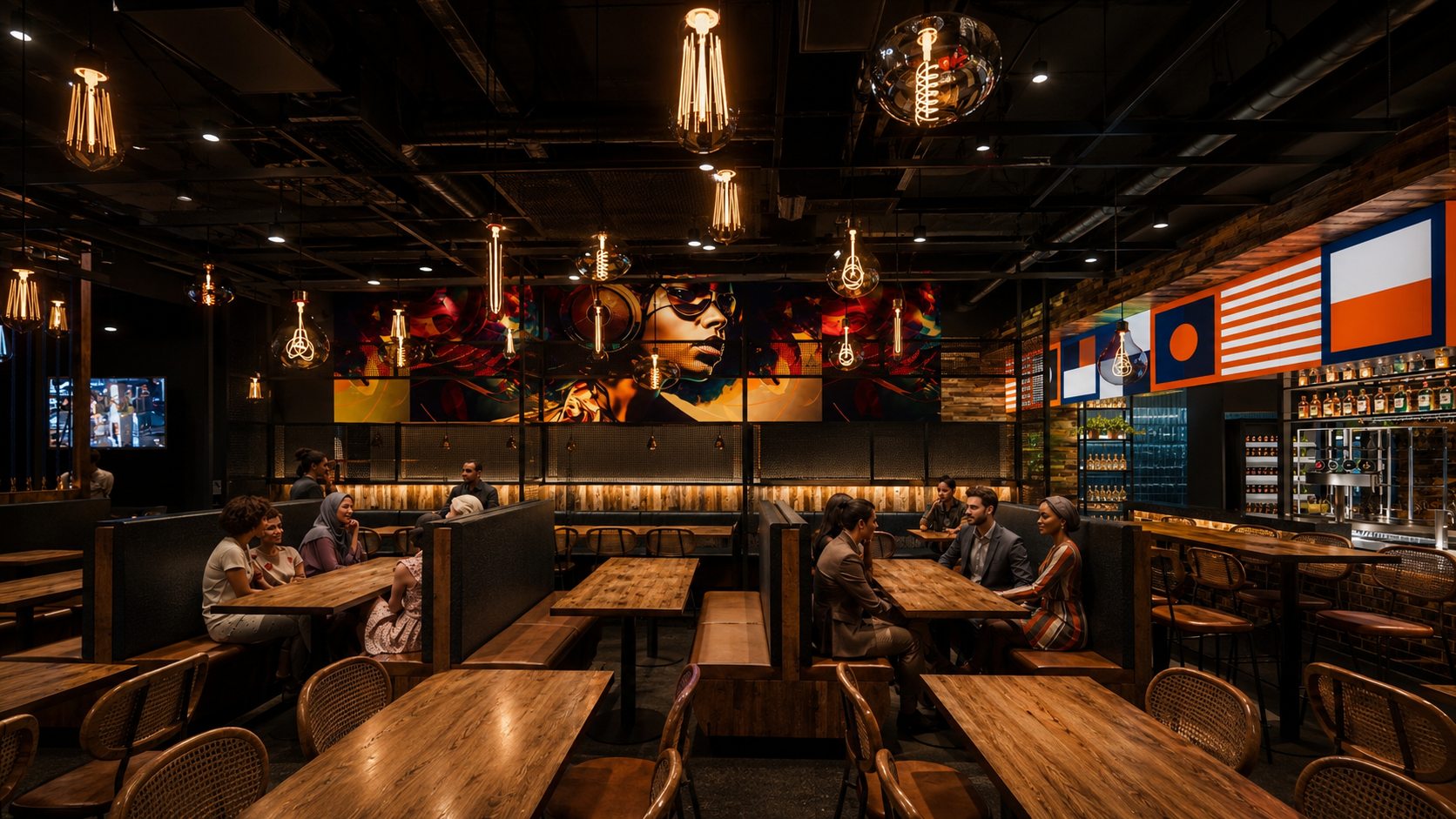 Warm Times Casey & Co dining room render with brand wall detail